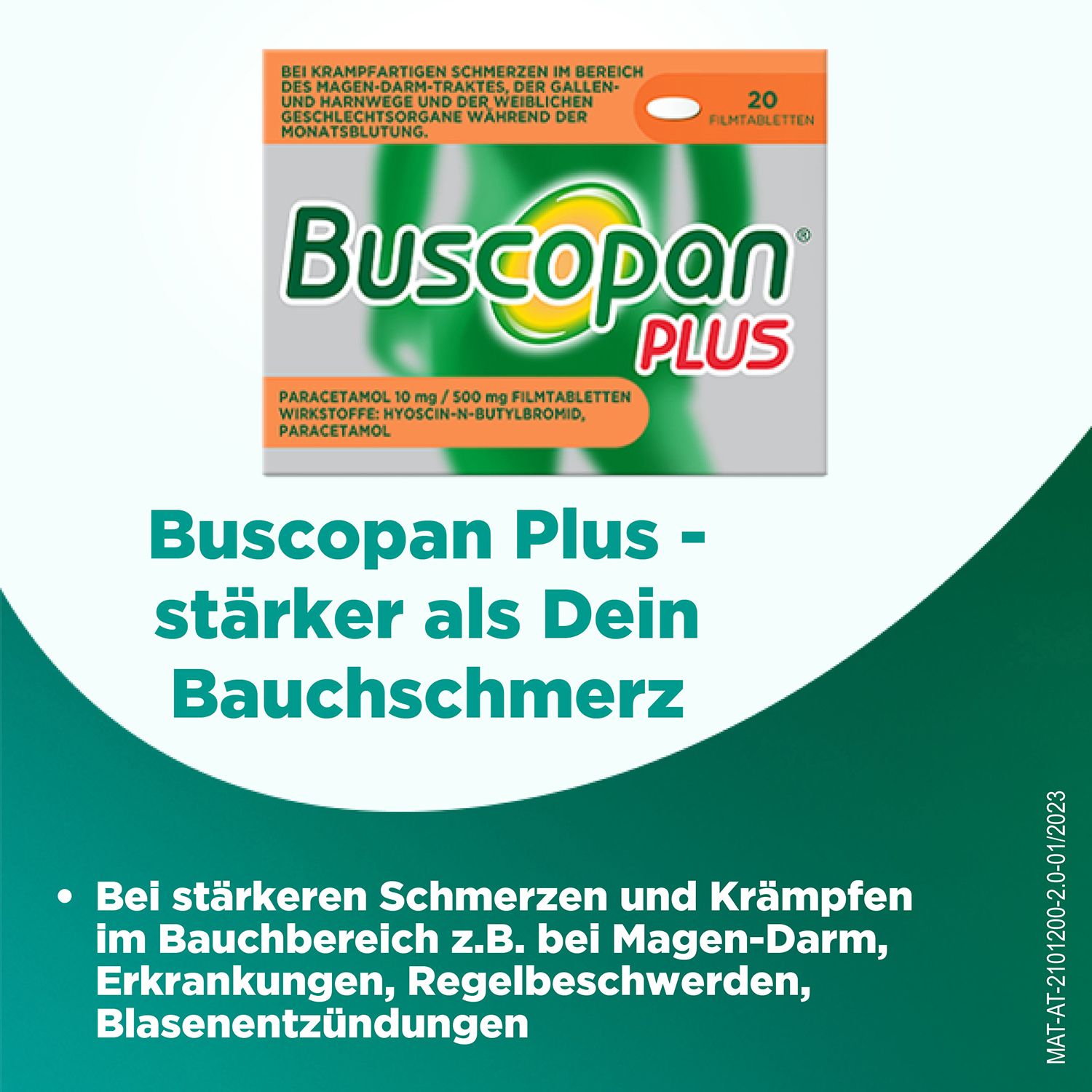 Buscopan PLUS Packung. Enthält 20 Filmtabletten. Produktinformationen und Wirkstoffe sind aufgedruckt.
