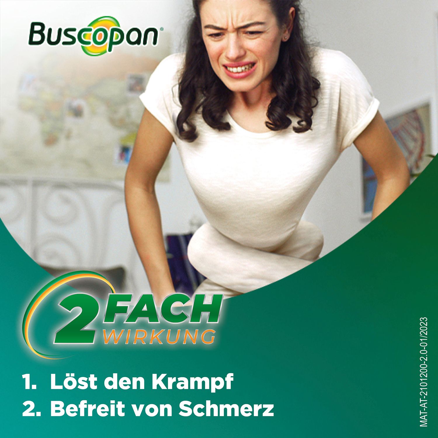 Frau mit Schmerzen, die sich den Bauch hält. Buscopan-Logo und Slogan: Stärker als Dein Bauchschmerz.