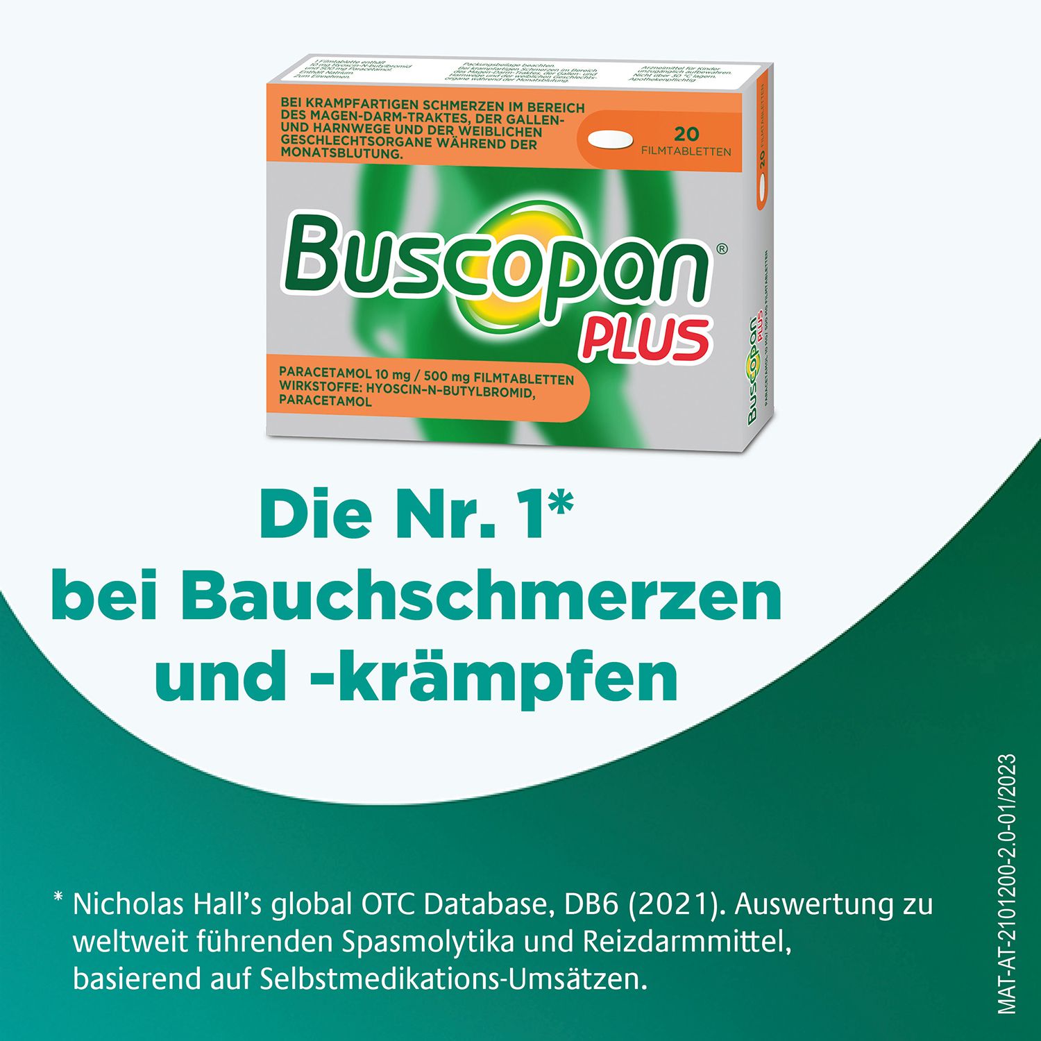 Buscopan PLUS Packung. Enthält 20 Filmtabletten. Text: Die Nr. 1 bei Bauchschmerzen und -krämpfen.
