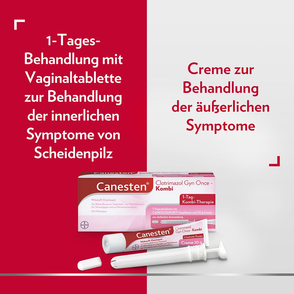 Text: 1-Tages-Behandlung mit Vaginaltablette. Creme zur Behandlung der äußeren Symptome. Produkte von Canesten®.
