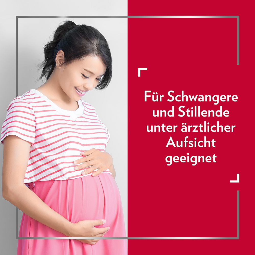 Schwangere Frau. Text: Für Schwangere und Stillende unter ärztlicher Aufsicht geeignet.