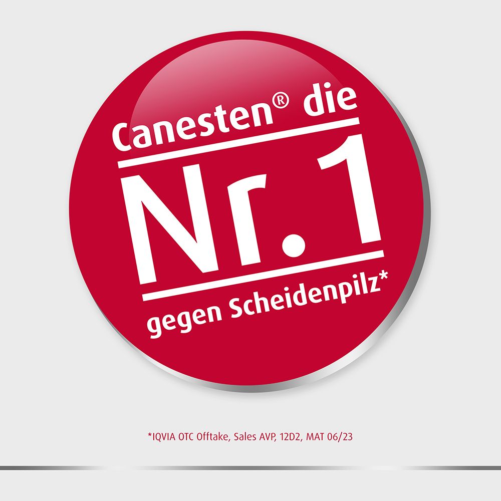 Roter Kreis mit Text: Canesten® die Nr. 1 gegen Scheidenpilz. *IQVIA OTC Offtake, Sales AVP, 12D2, MAT 06/23