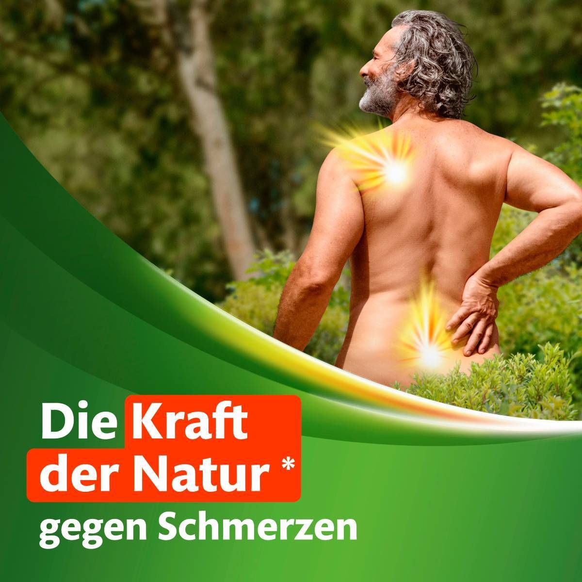 Mann mit Schmerzen im Rücken. Text: Die Kraft der Natur gegen Schmerzen.