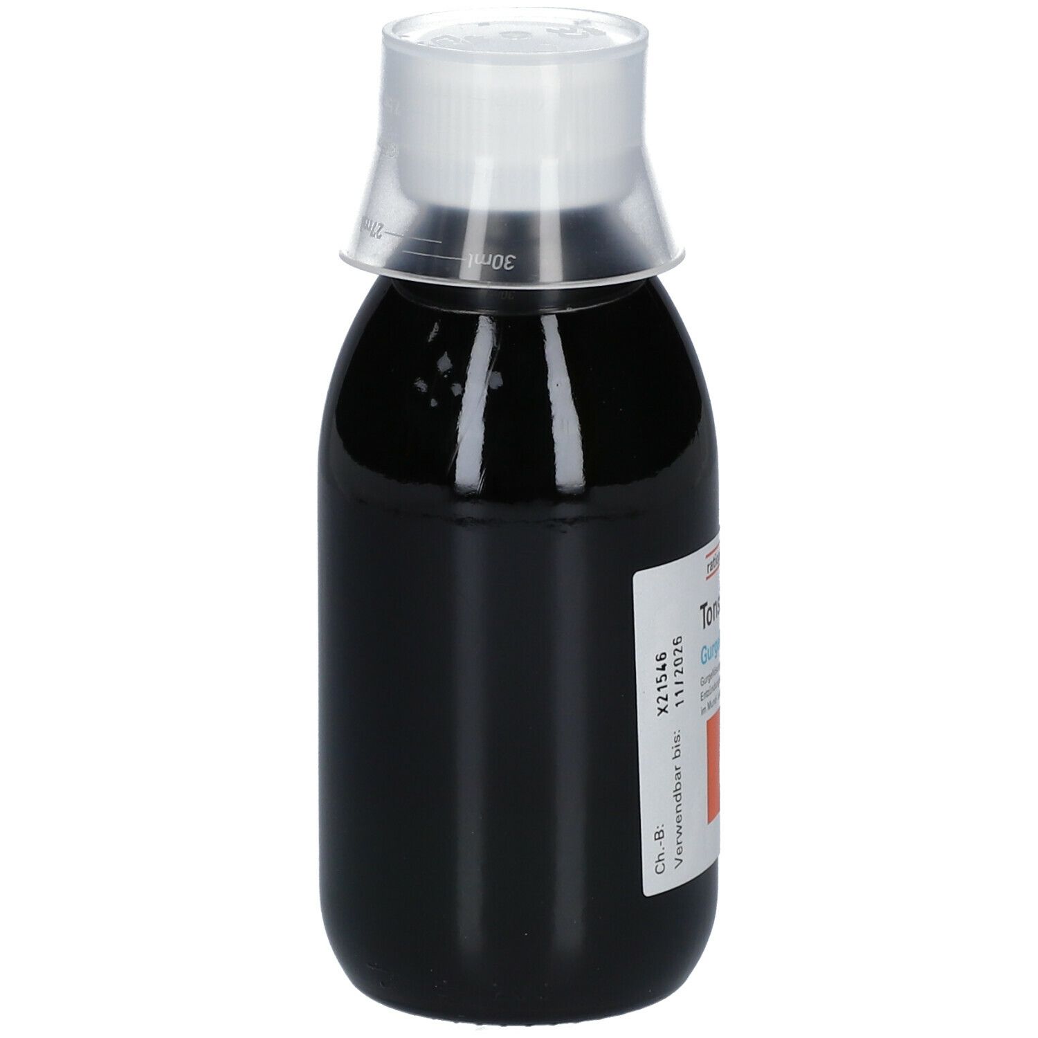 Braune Flüssigkeit in einer Flasche mit Dosierkappe. Aufschrift: Tonsillol Gurgellösung, Verwendbar bis 11/2026.