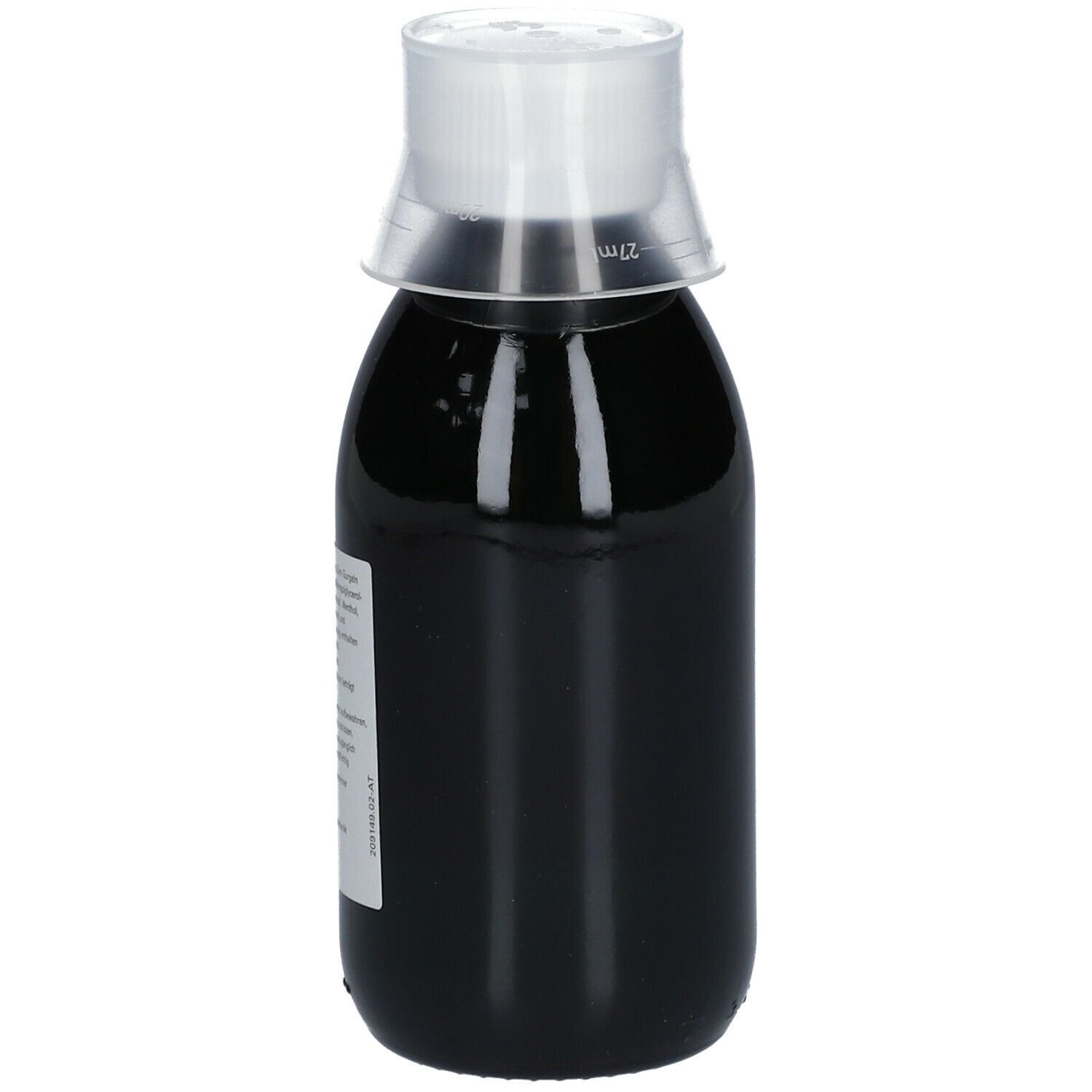 Braune Flüssigkeit in einer Flasche mit Dosierkappe. Aufschrift: Tonsillol Gurgellösung. Flasche mit Messskala.