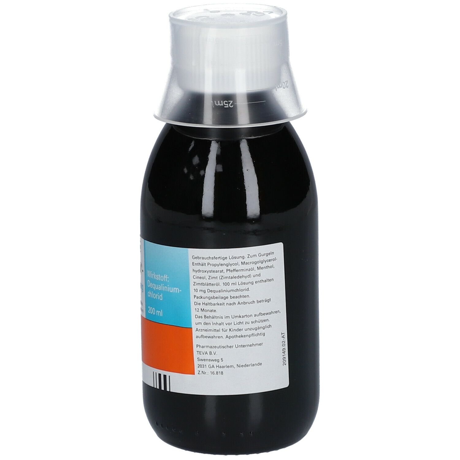 Braune Flüssigkeit in einer Flasche mit Dosierkappe. Aufschrift: Tonsillol Gurgellösung, Wirkstoff: Dequaliniumchlorid, 200 ml.