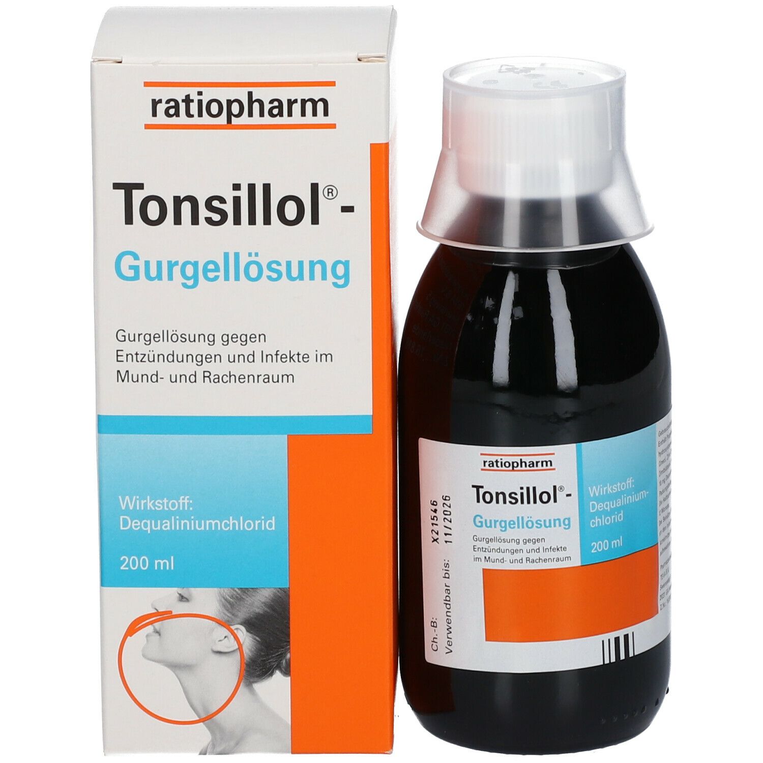 Produktverpackung und Flasche. Aufschrift: Tonsillol Gurgellösung. Flasche mit Dosierkappe. Karton mit Produktinformationen.