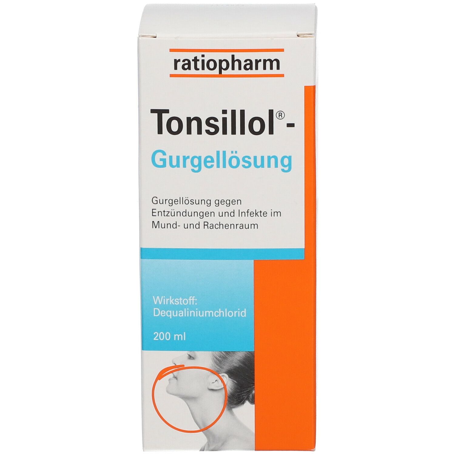 Produktverpackung. Aufschrift: Tonsillol Gurgellösung. Karton mit Produktinformationen und Abbildung des Halsbereichs.