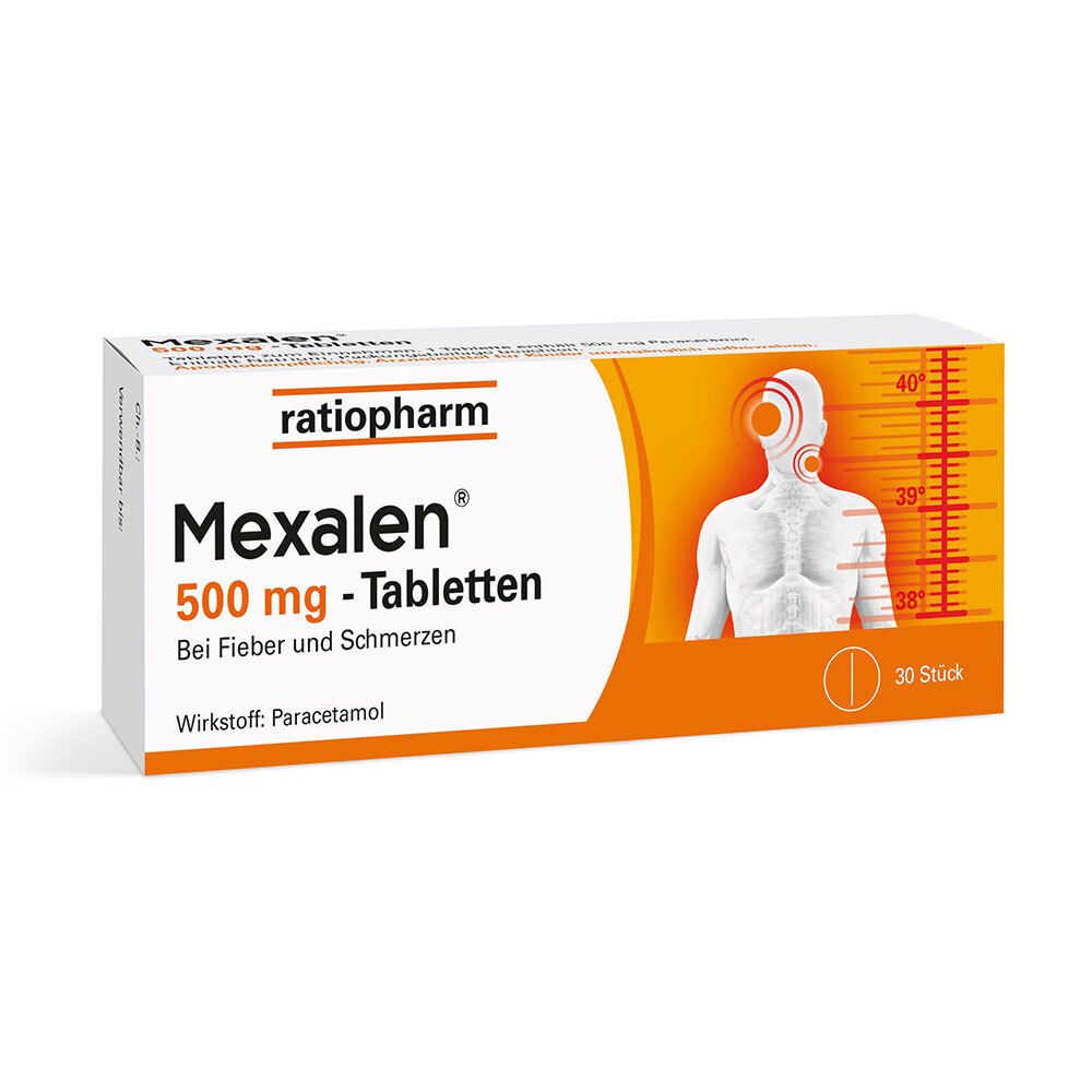 Schachtel mit Mexalen 500 mg-Tabletten. Aufschrift: Bei Fieber und Schmerzen. Marke: ratiopharm. 30 Stück.