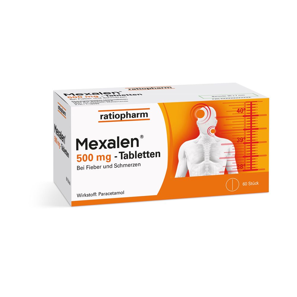 Mexalen 500 mg Tabletten-Packung. Enthält 60 Tabletten. Ratiopharm-Logo. Abbildung eines Kopfes mit Fieberanzeige.