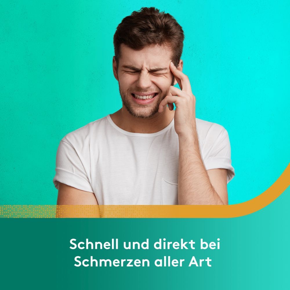 Mann mit Schmerzen. Hält Hand an Schläfe. Text: Schnell und direkt bei Schmerzen aller Art. Hintergrund: Türkis.
