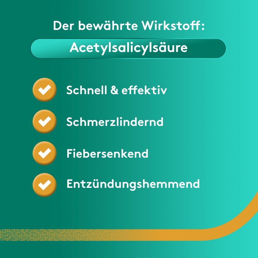 Text: Der bewährte Wirkstoff: Acetylsalicylsäure. Check-Zeichen für: Schnell & effektiv, schmerzlindernd, fiebersenkend, entzündungshemmend.