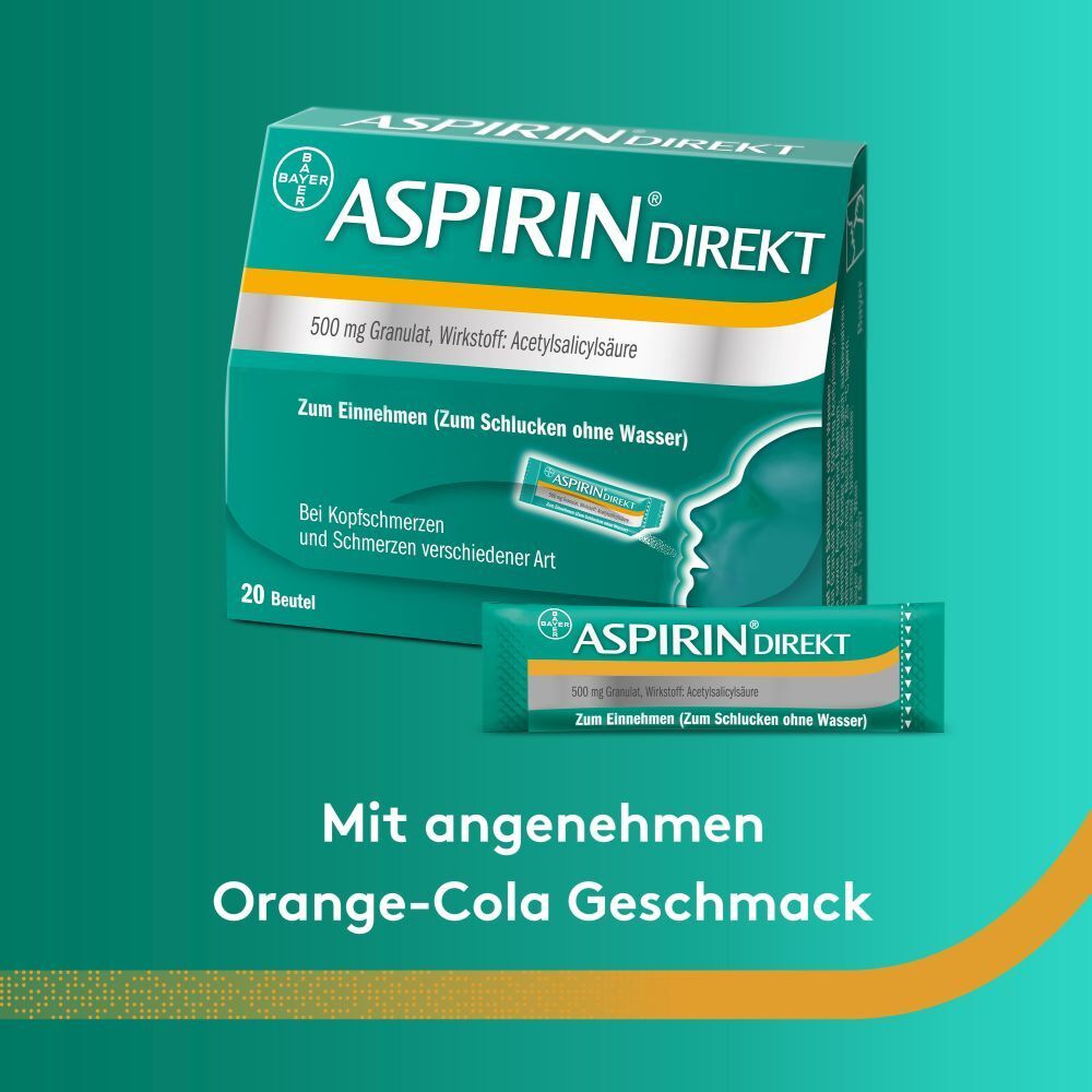 Aspirin Direkt Packung und Beutel. Text: Mit angenehmen Orange-Cola Geschmack. Hintergrund: Grün.