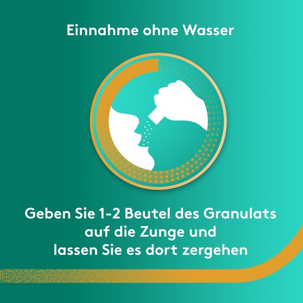 Grafik: Person nimmt Granulat ein. Text: Einnahme ohne Wasser. Geben Sie 1-2 Beutel auf die Zunge und lassen Sie es dort zergehen.