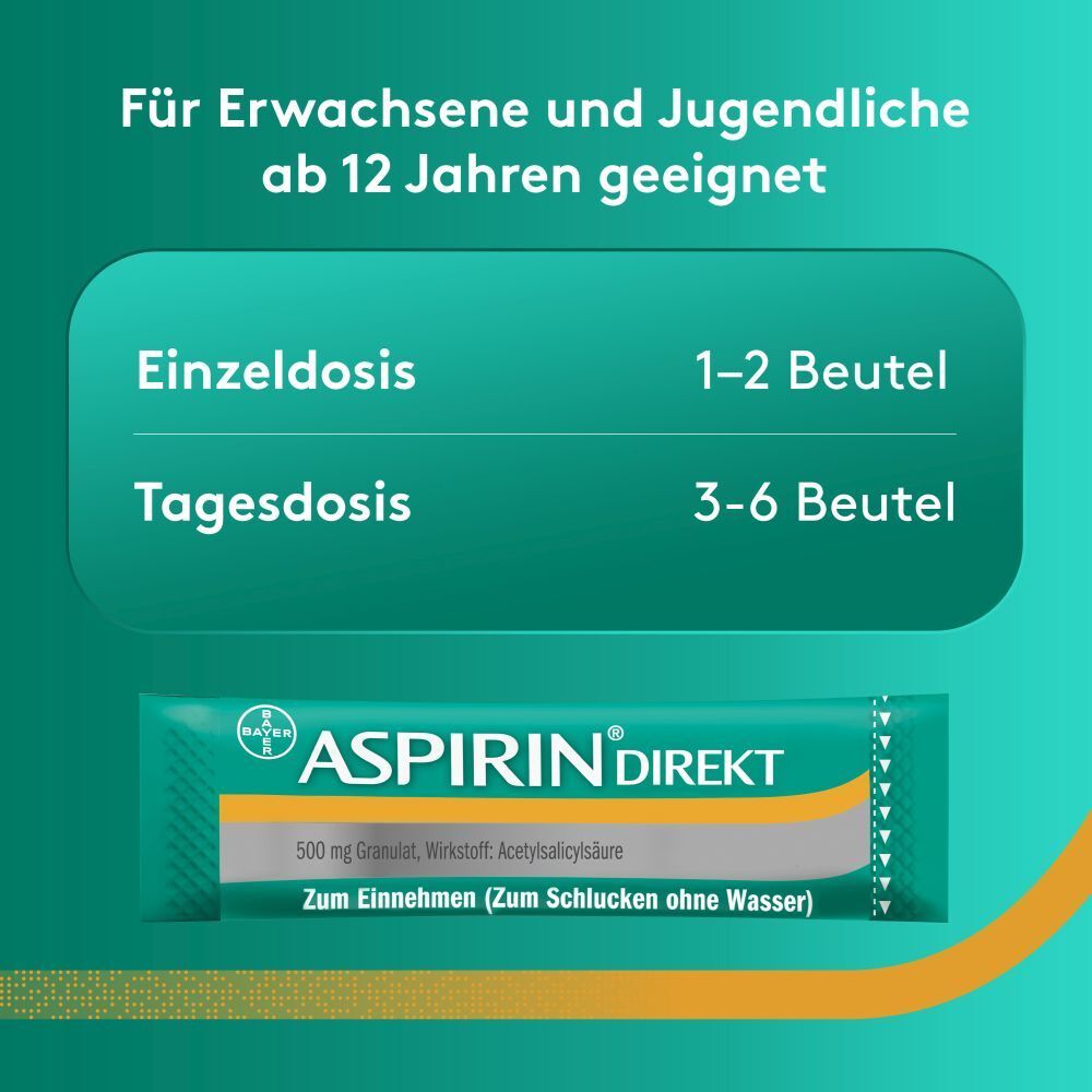 Text: Für Erwachsene und Jugendliche ab 12 Jahren geeignet. Einzel- und Tagesdosis. Aspirin Direkt Beutel.