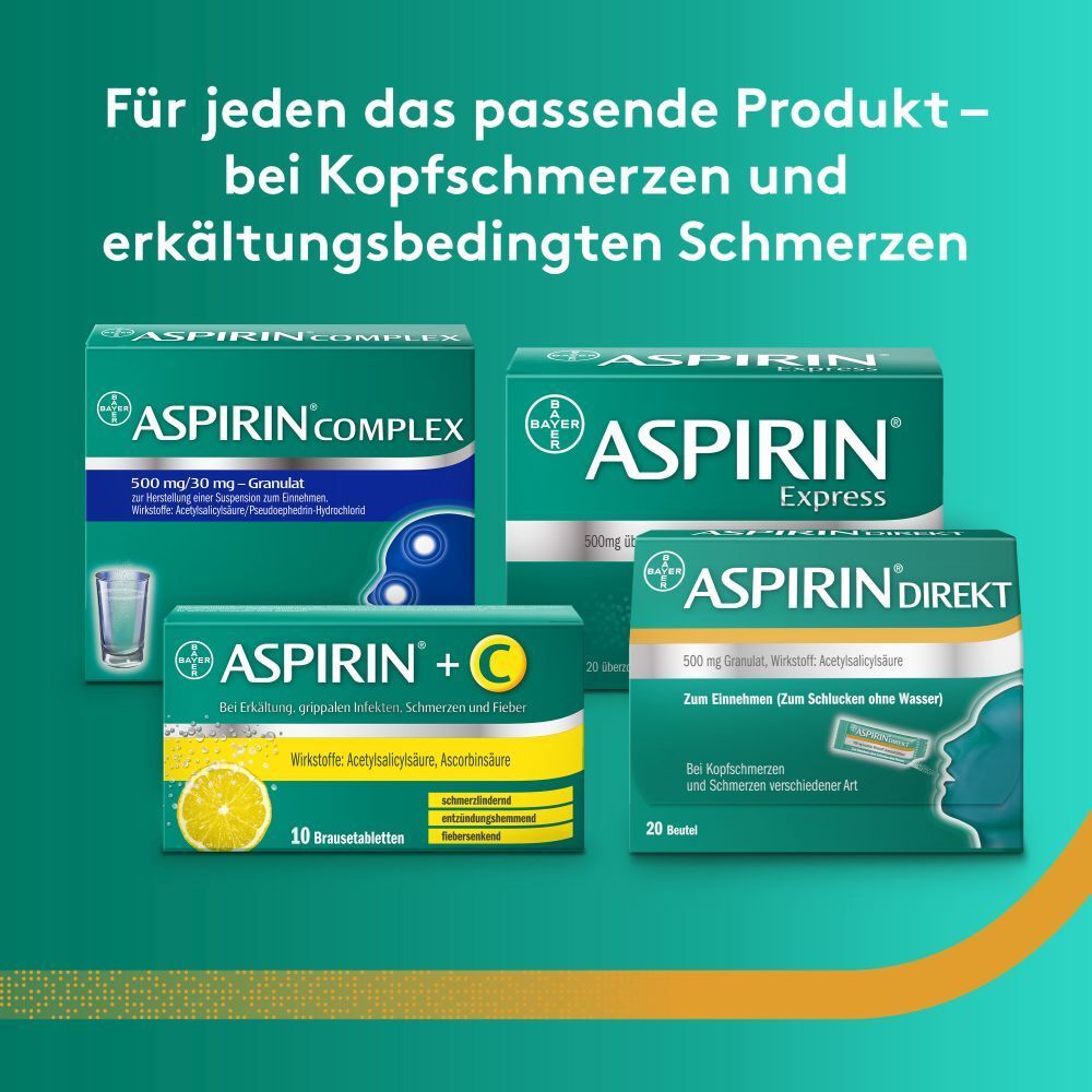 Verschiedene Aspirin Produkte. Text: Für jeden das passende Produkt - bei Kopfschmerzen und erkältungsbedingten Schmerzen.