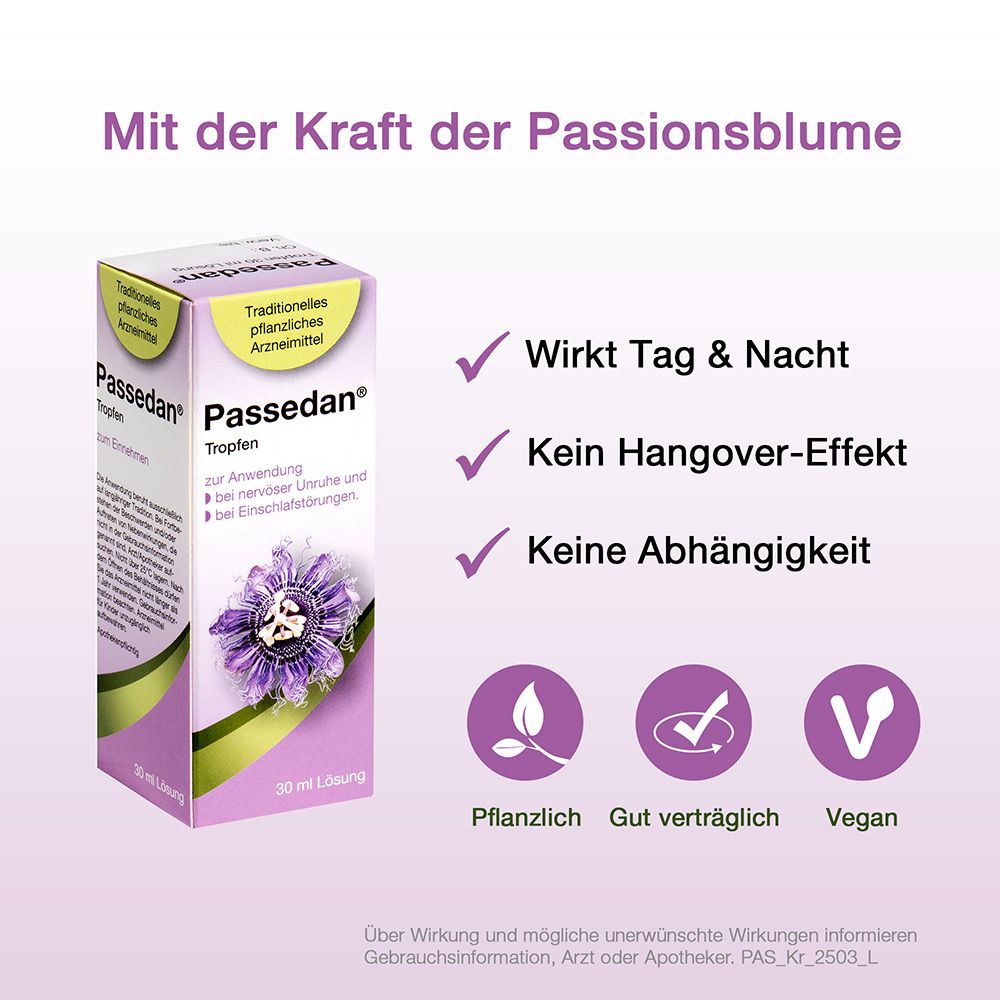 Werbebild mit Passedan®-Tropfen-Packung. Text: Wirkt Tag & Nacht, kein Hangover-Effekt, keine Abhängigkeit. Symbole.