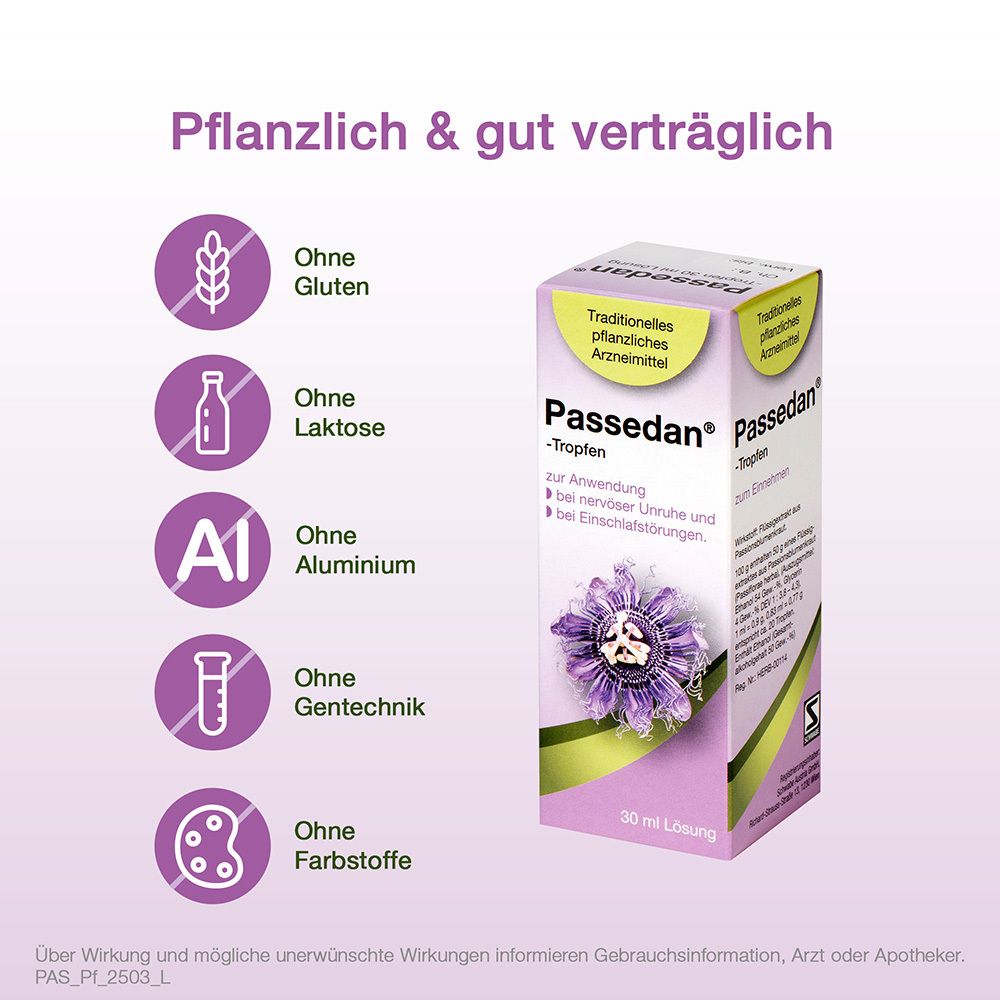 Werbebild mit Passedan®-Tropfen-Packung. Text: Ohne Gluten, Laktose, Aluminium, Gentechnik, Farbstoffe. Symbole.