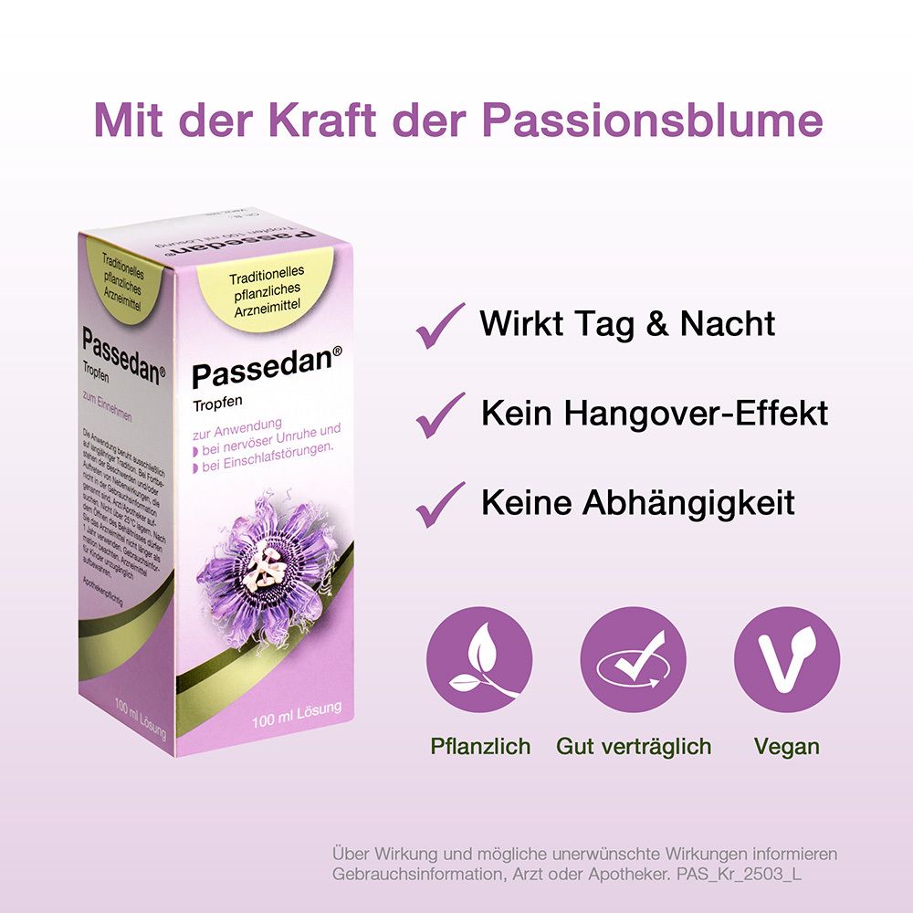 Werbung für Passedan® Tropfen. Vorteile: Wirkt Tag & Nacht, kein Hangover-Effekt, keine Abhängigkeit. Vegan.