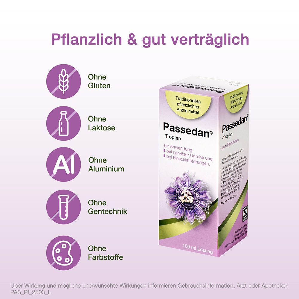 Werbung für Passedan® Tropfen. Frei von: Gluten, Laktose, Aluminium, Gentechnik, Farbstoffen. Mit Packung.