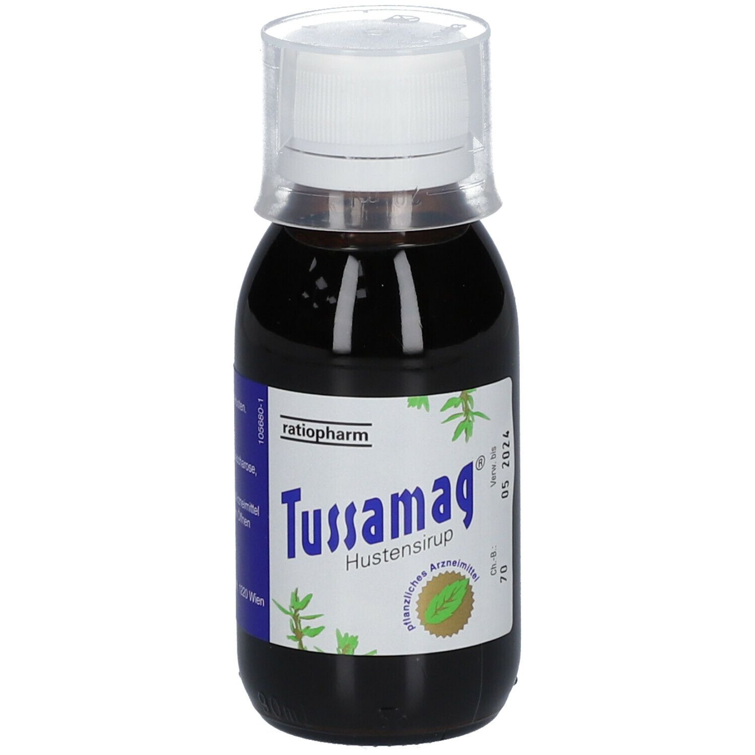 Braune Flüssigkeit in einer Flasche mit weißem Deckel. Aufkleber mit Produktnamen und Logo.