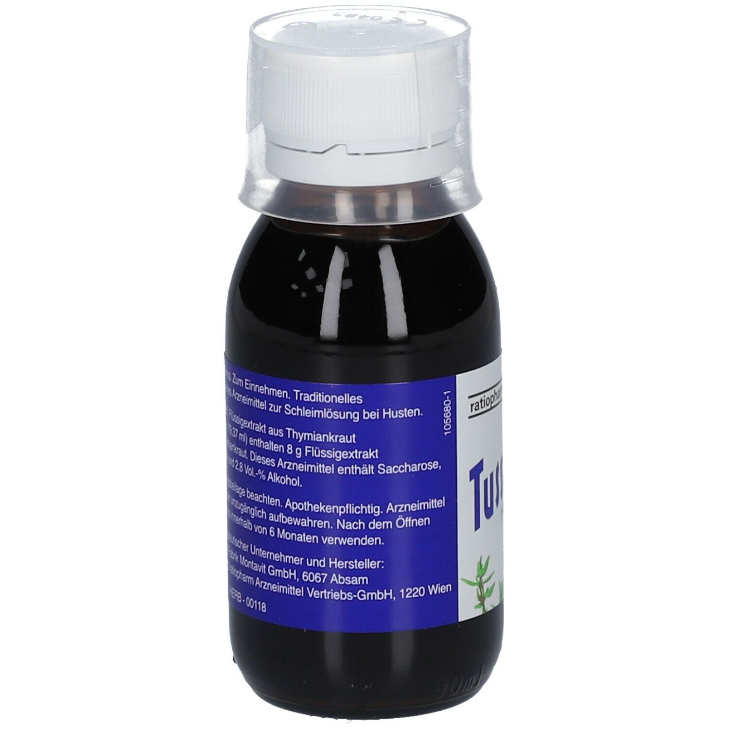 Braune Flüssigkeit in einer Flasche mit weißem Deckel. Aufkleber mit Produktinformationen.