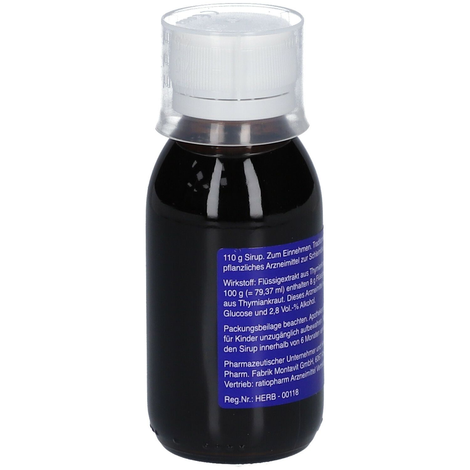 Braune Flüssigkeit in einer Flasche mit weißem Deckel. Aufkleber mit Produktinformationen.