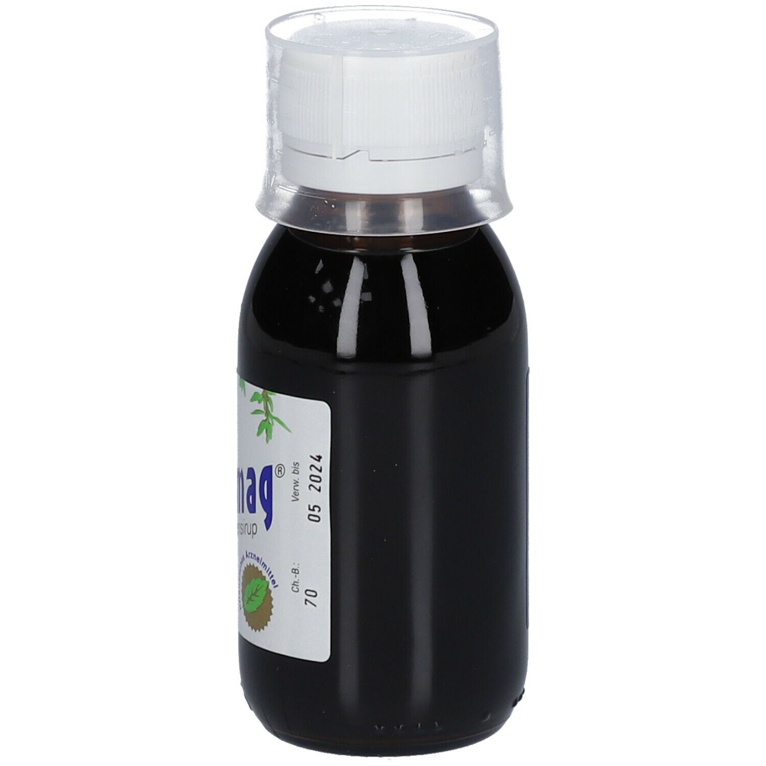 Braune Flüssigkeit in einer Flasche mit weißem Deckel. Aufkleber mit Produktnamen und Logo.