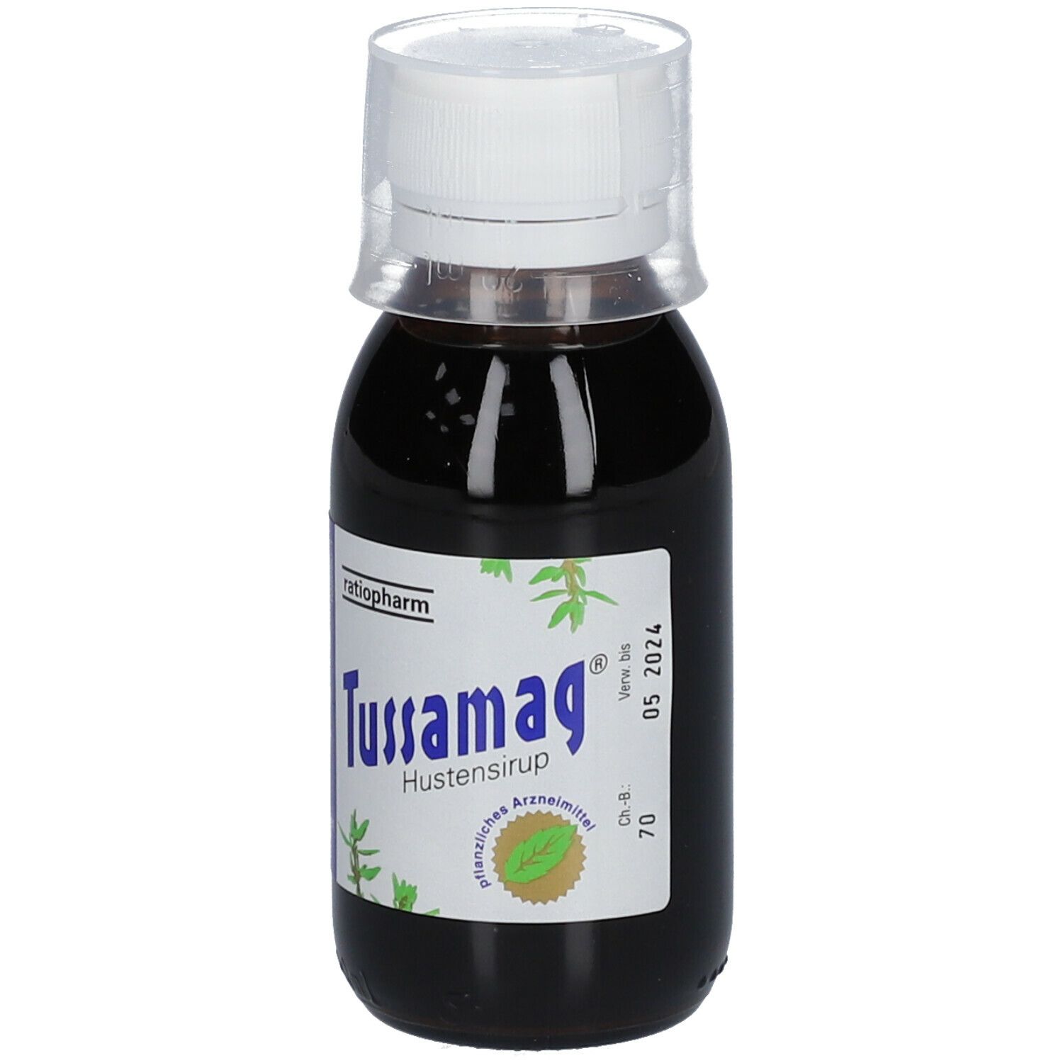Braune Flüssigkeit in einer Flasche mit weißem Deckel. Aufkleber mit Produktnamen und Logo.