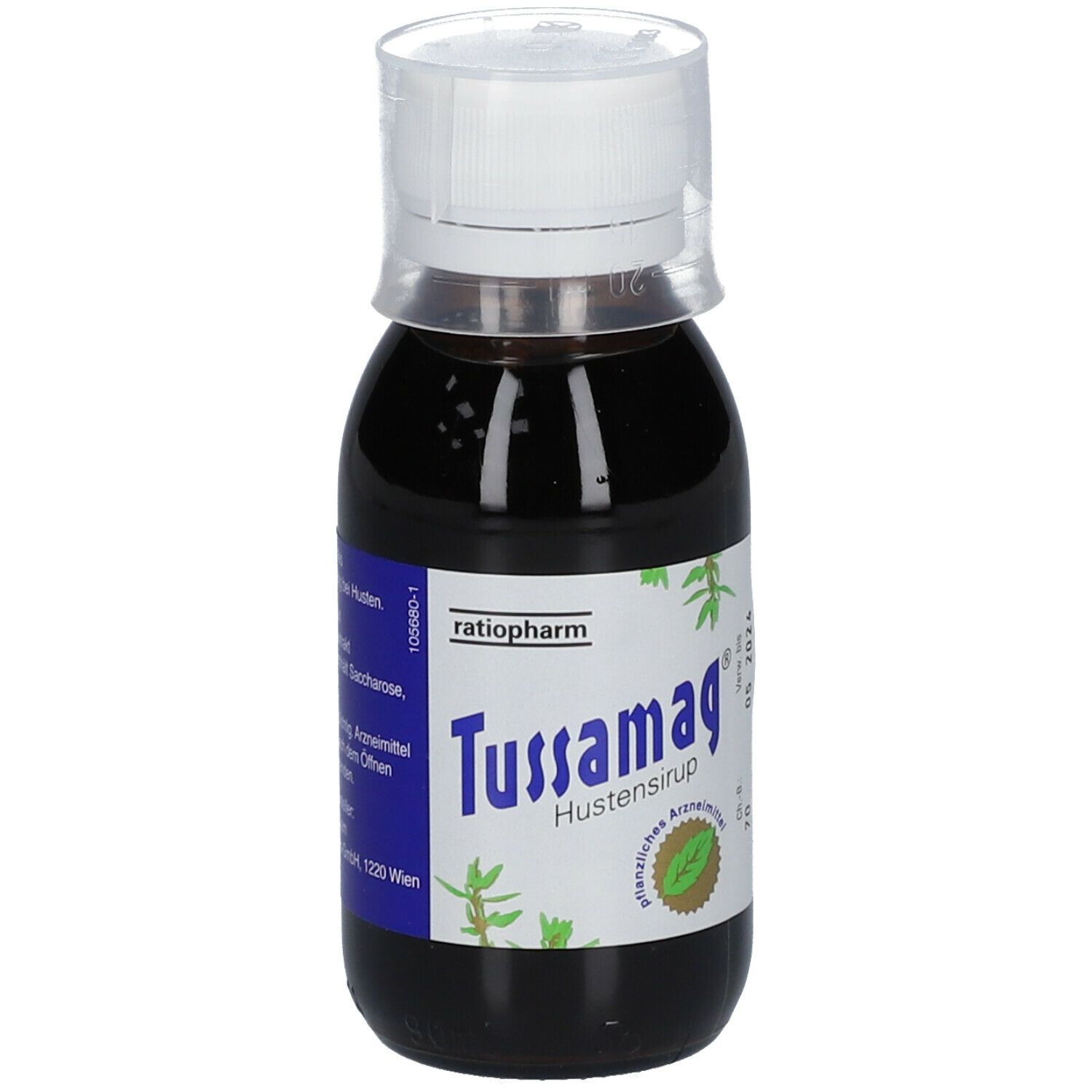 Braune Flüssigkeit in einer Flasche mit weißem Deckel. Aufkleber mit Produktnamen und Logo.