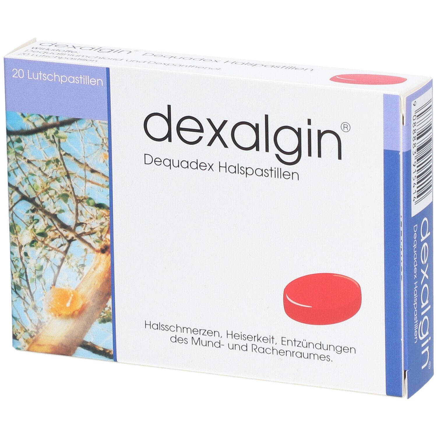 Schachtel dexalgin® Dequadex Halspastillen. Aufschrift: 20 Lutschpastillen. Rote Pastille abgebildet. Text: Halsschmerzen, Heiserkeit, Entzündungen.