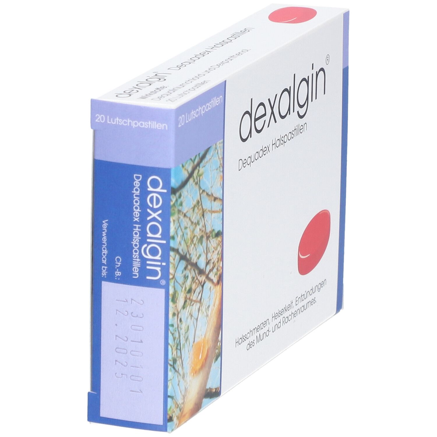 Schachtel dexalgin® Dequadex Halspastillen. Aufschrift: 20 Lutschpastillen. Rote Pastille abgebildet. Text: Halsschmerzen, Heiserkeit, Entzündungen.
