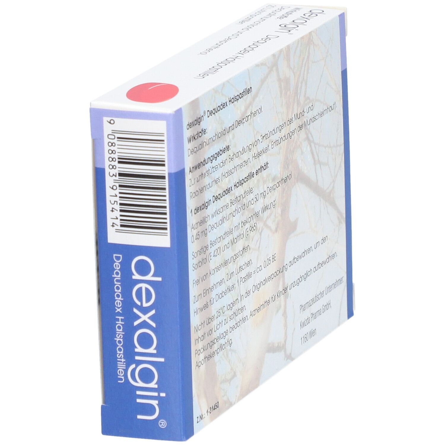 Schachtel dexalgin® Dequadex Halspastillen. Rückseite mit Text und Barcode. Aufschrift: dexalgin® Dequadex Halspastillen.