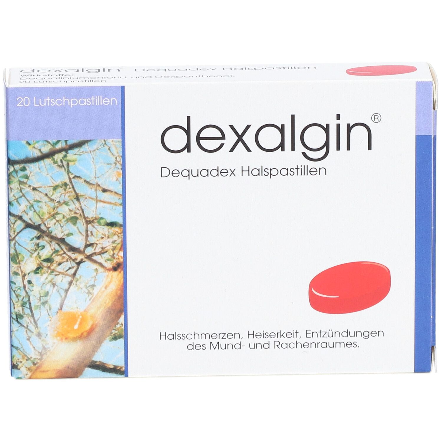 Schachtel dexalgin® Dequadex Halspastillen. Aufschrift: 20 Lutschpastillen. Rote Pastille abgebildet. Text: Halsschmerzen, Heiserkeit, Entzündungen.