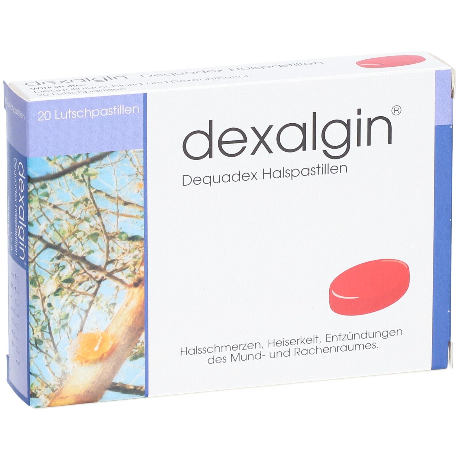 Schachtel dexalgin® Dequadex Halspastillen. Aufschrift: 20 Lutschpastillen. Rote Pastille abgebildet. Text: Halsschmerzen, Heiserkeit, Entzündungen.