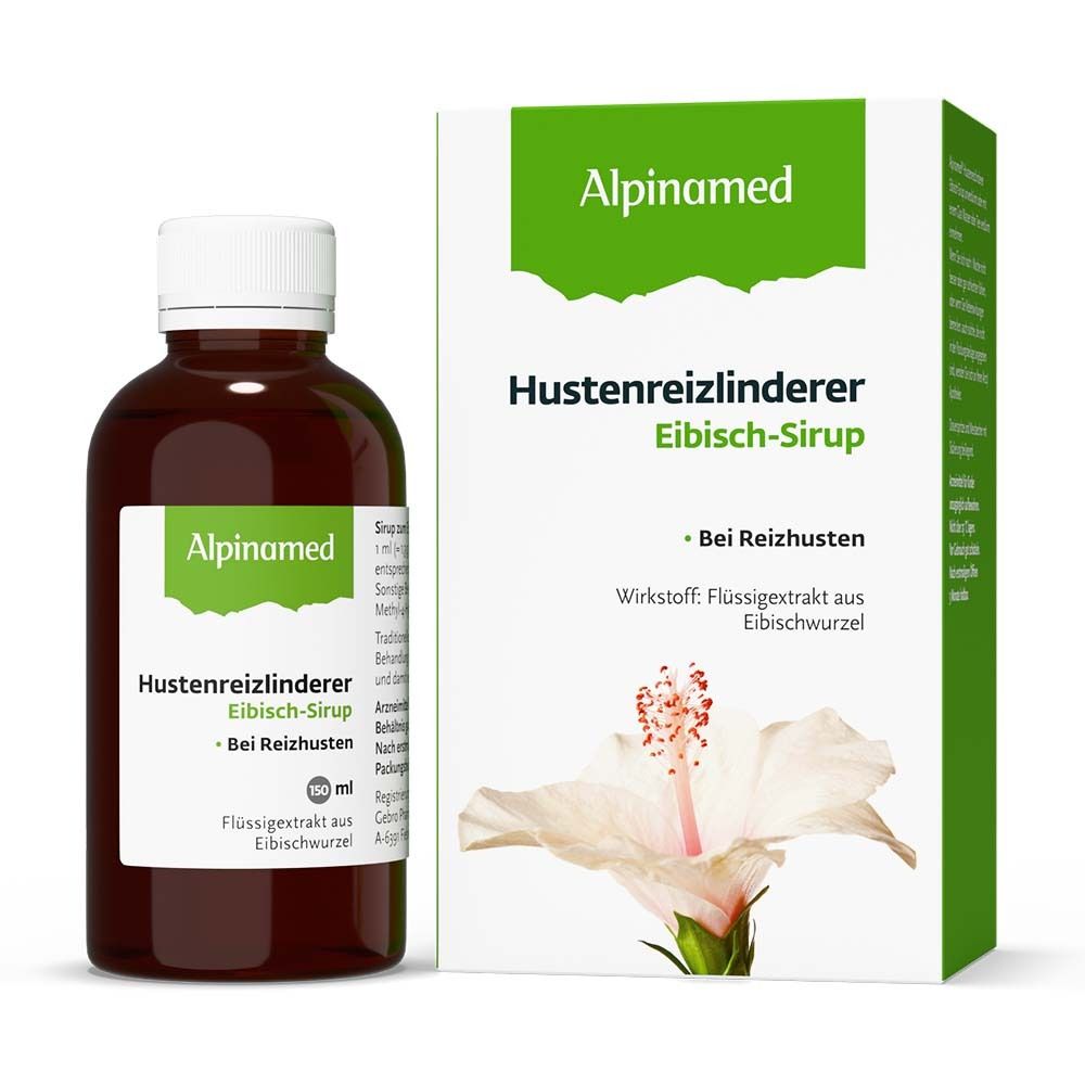 Braune Flasche und Schachtel mit Produktnamen und Inhaltsstoffen. Alpinamed Hustenreizlinderer Eibisch-Sirup.