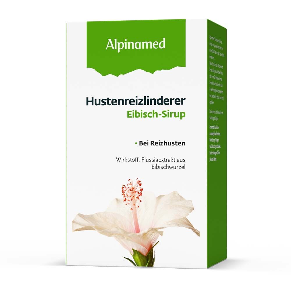 Produktverpackung mit Produktnamen und Inhaltsstoffen. Alpinamed Hustenreizlinderer Eibisch-Sirup.