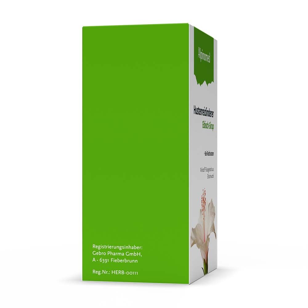 Grüne Produktverpackung. Rückseite mit Text. Alpinamed Hustenreizlinderer Eibisch-Sirup.