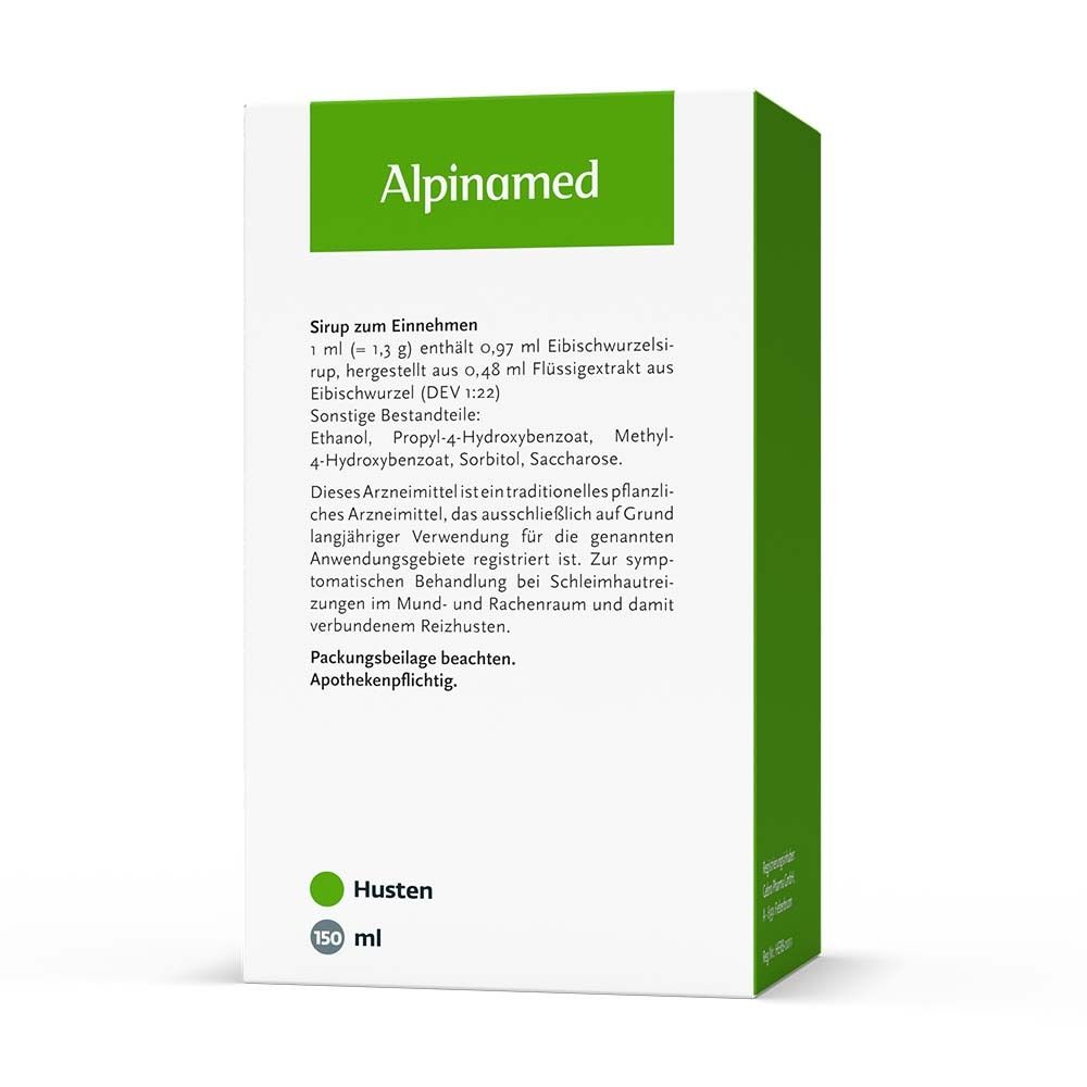 Produktverpackung mit Text und Inhaltsstoffen. Alpinamed Hustenreizlinderer Eibisch-Sirup.