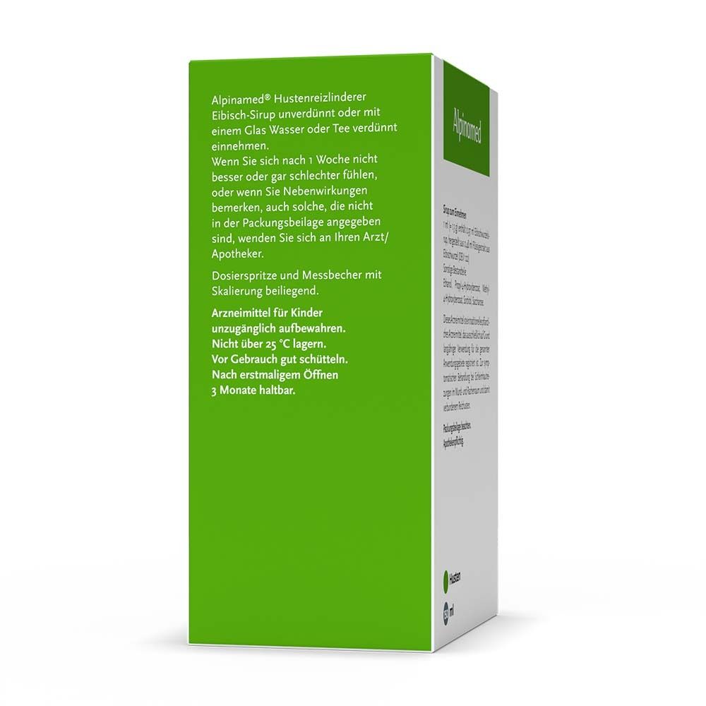Produktverpackung mit Text und Inhaltsstoffen. Alpinamed Hustenreizlinderer Eibisch-Sirup.