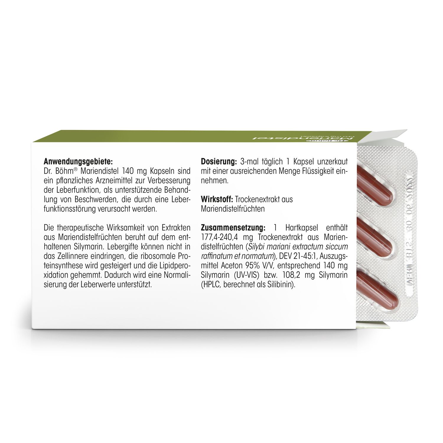 Packungsbeilage mit Informationen zu Dr. Böhm Mariendistel 140 mg Kapseln. Braune Kapseln in Blisterpackung.