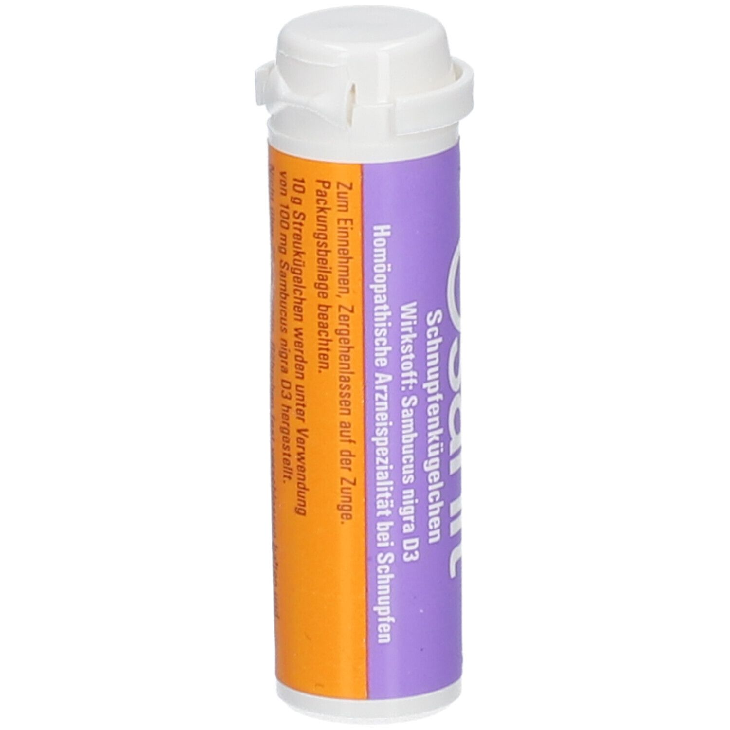 Zylindrische Packung Osanit® Streukügelchen. Weißer Deckel, lila-orangefarbene Hülle. Text: Osanit®, Schnupfenkügelchen, Wirkstoff: Sambucus nigra D3.