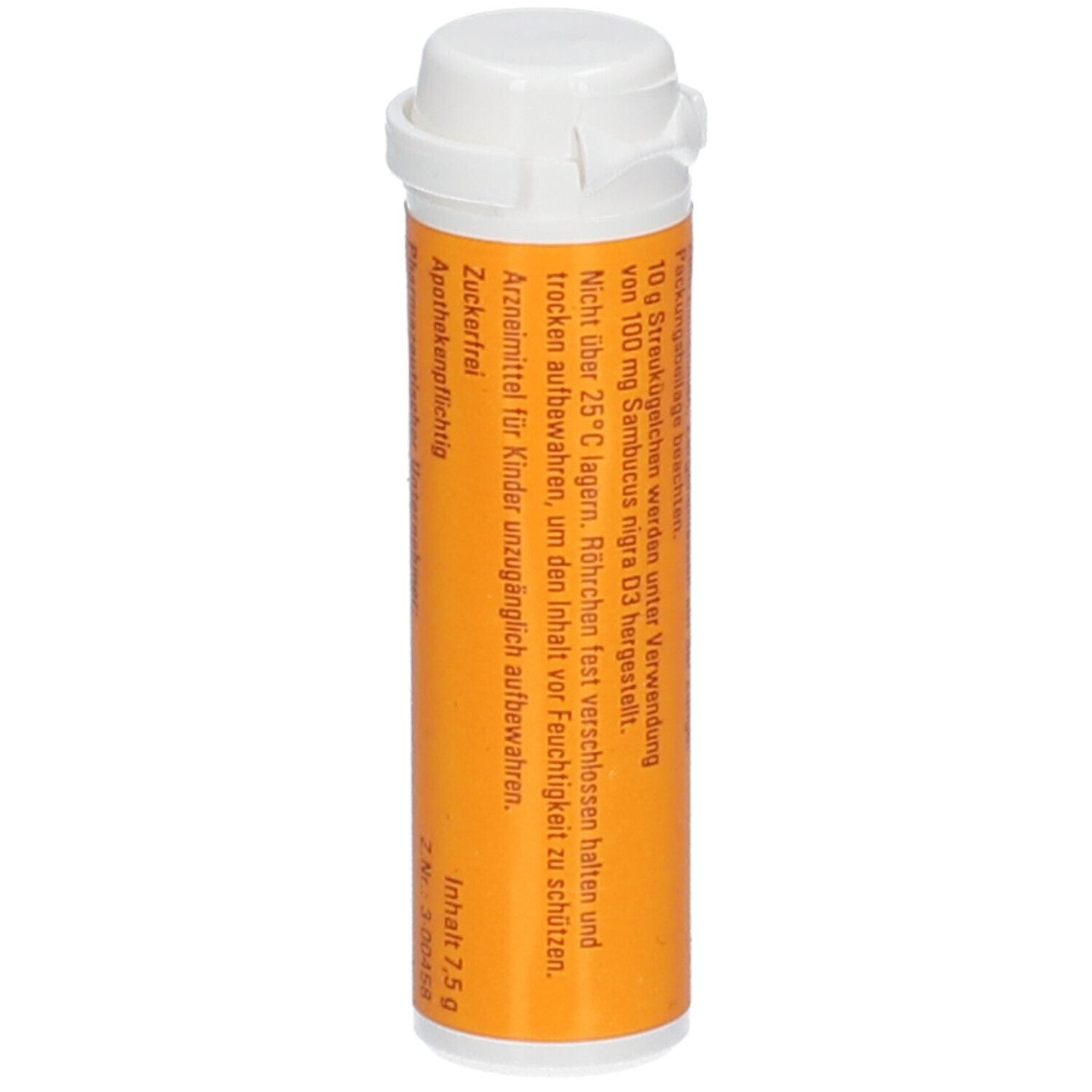 Zylindrische Packung Osanit® Streukügelchen. Weißer Deckel, orangefarbene Hülle. Text: Apothekenpflichtig, Zuckerfrei, Inhalt 7,5 g.