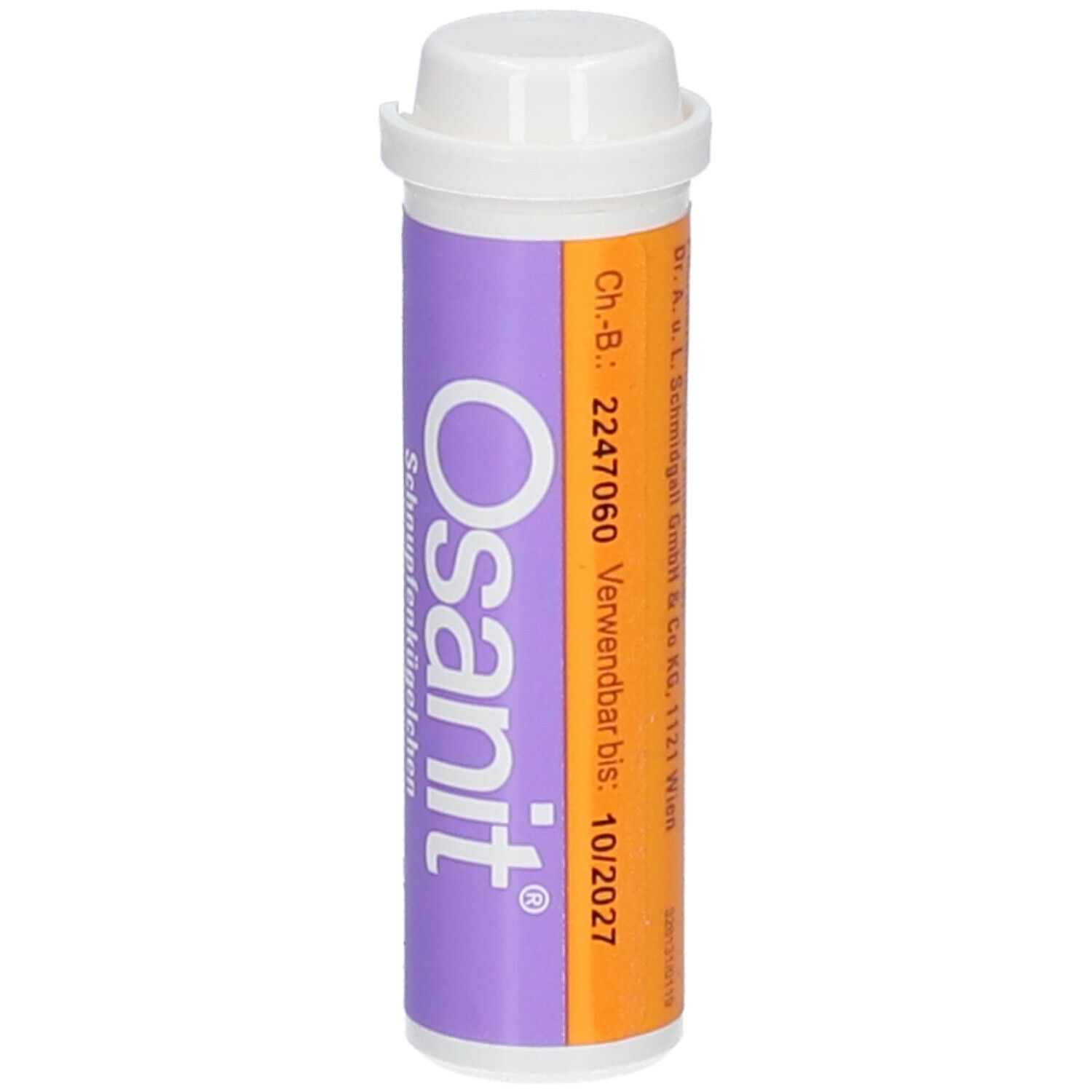 Zylindrische Packung Osanit® Streukügelchen. Weißer Deckel, lila-orangefarbene Hülle. Text: Osanit®, Schnupfenkügelchen, Ch.-B. 2247060, 10/2027.