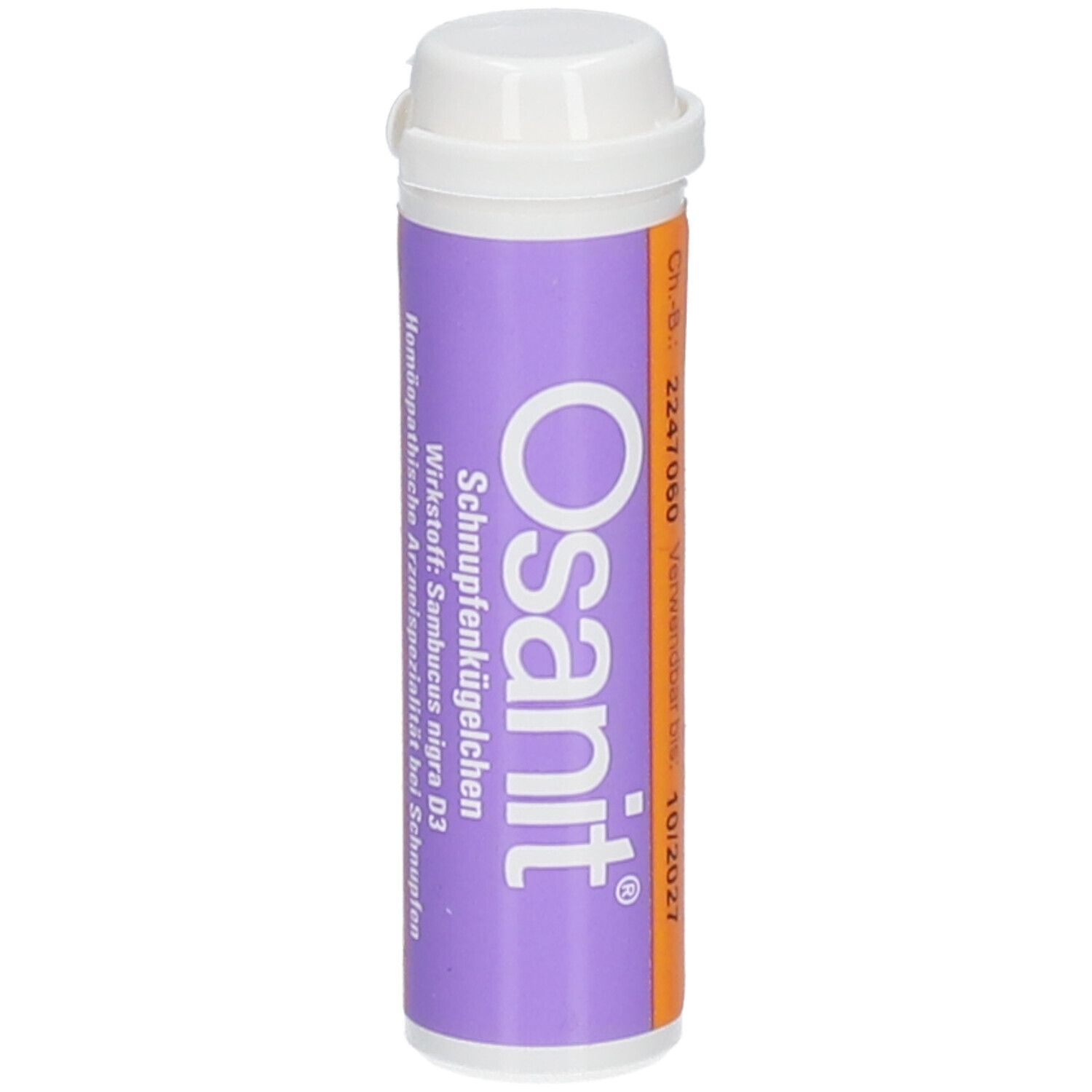 Zylindrische Packung Osanit® Streukügelchen. Weißer Deckel, lila-orangefarbene Hülle. Text: Osanit®, Schnupfenkügelchen, Ch.-B. 2247060, 10/2027.
