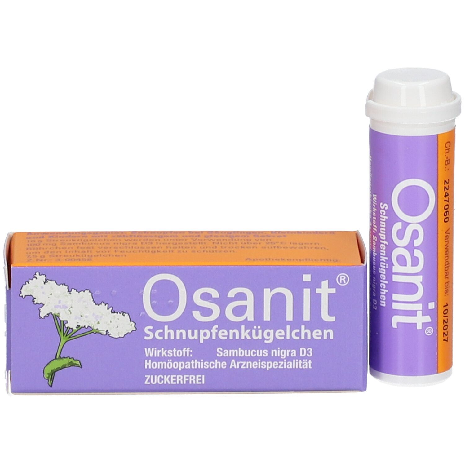 Osanit® Streukügelchen Packung und Flasche. Packung: lila, weißer Schriftzug, Blüte. Flasche: zylindrisch, weißer Deckel, lila-orangefarbene Hülle.