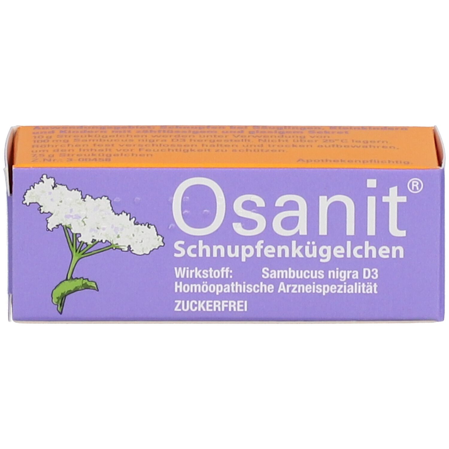Osanit® Streukügelchen Packung. Lila, weißer Schriftzug, Blüte. Text: Osanit®, Schnupfenkügelchen, Wirkstoff: Sambucus nigra D3, Zuckerfrei.