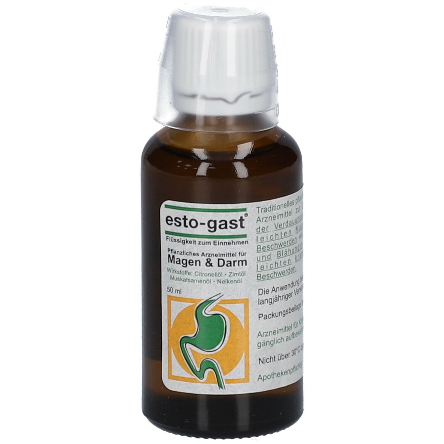 Braune Glasflasche mit weißem Verschluss. Aufschrift: esto-gast®, Flüssigkeit für Magen & Darm. 50 ml.
