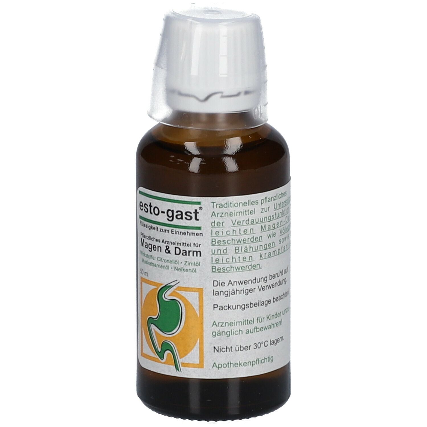 Braune Glasflasche mit weißem Verschluss. Aufschrift: esto-gast®, Flüssigkeit für Magen & Darm. 50 ml.