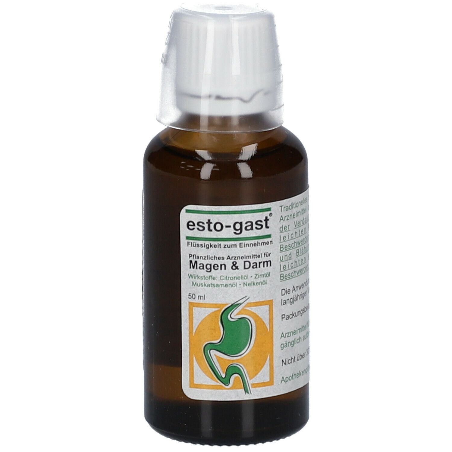 Braune Glasflasche mit weißem Verschluss. Aufschrift: esto-gast®, Flüssigkeit für Magen & Darm. 50 ml.